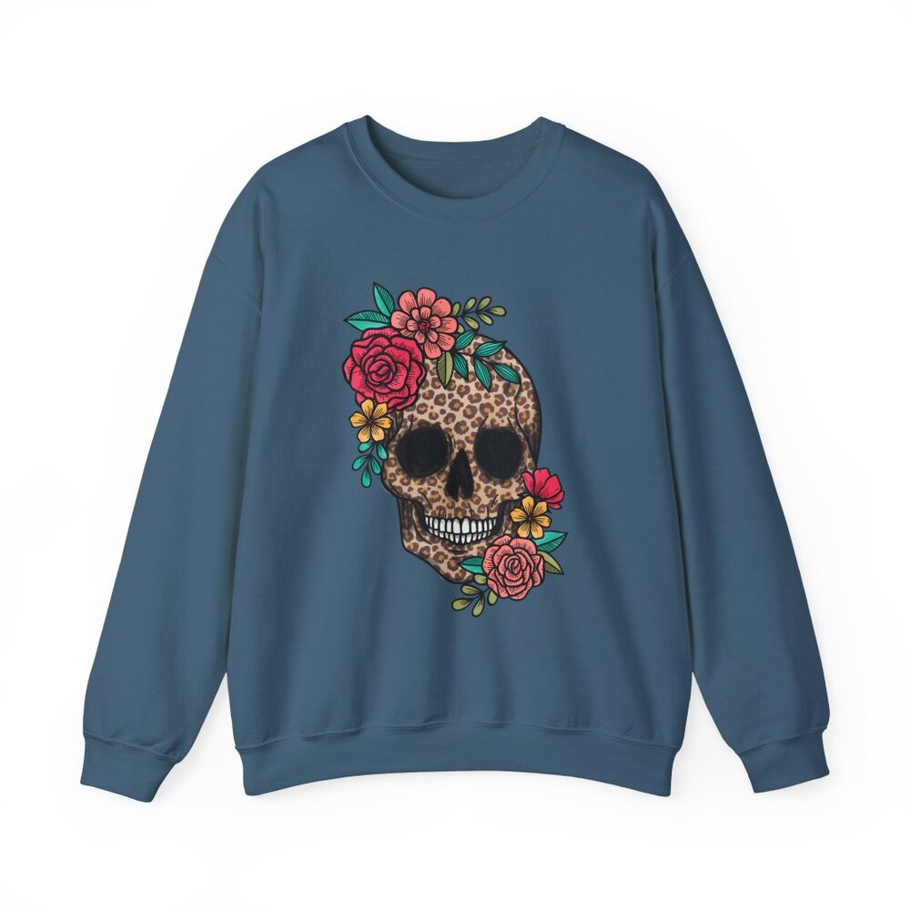 Skull with Vibrant Flowers Unisex Gildan Sweatshirt Crewneck - Picture 5 of 13